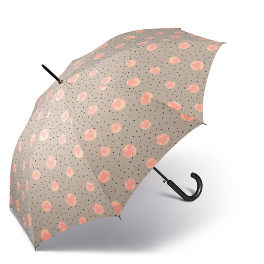 Ombrello lungo "Long Aqua Dots" Happy Rain taupe e rosa cipria