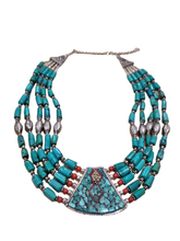 Carica l'immagine nel visualizzatore di Gallery, Collana girocollo in turchese e corallo con elementi in argento