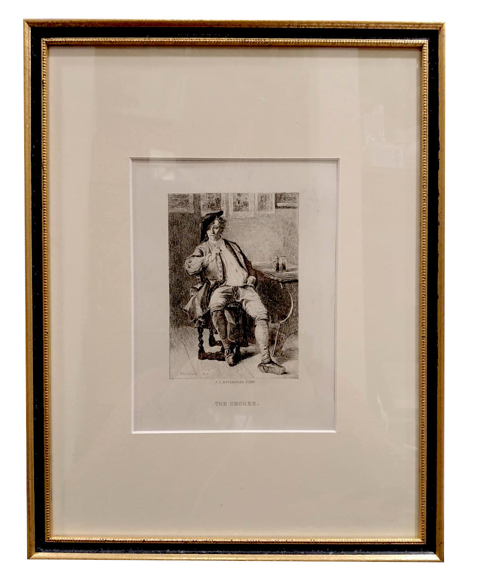 Incisione d'antiquariato incorniciata "Jean Louis Ernest Meissonier - The Smoker"