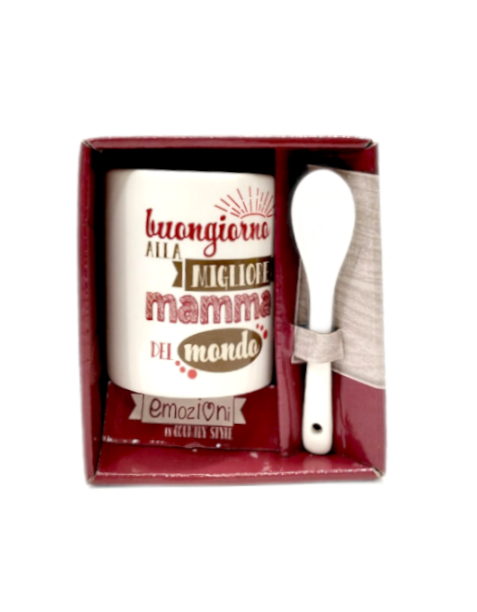 Tazzina da caffè con cucchiano "Buongiorno alla migliore mamma del mondoi"