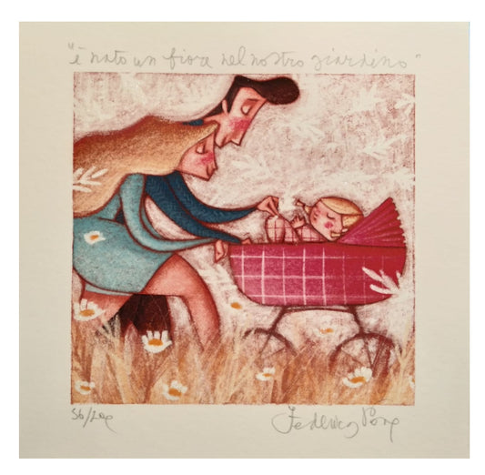 Grafica di Federica Porro "E' nato un fiore nel nostro giardino" (disponibile in due versioni)