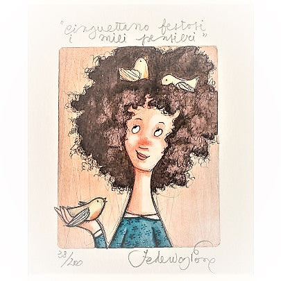 Grafica incorniciata di Federica Porro "Cinguettano Festosi I Miei Pensieri"