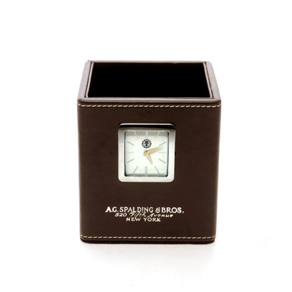 Bicchiere Portapenne in pelle rigenerata con orologio "Brown Desk" A.G. Spalding & Bros