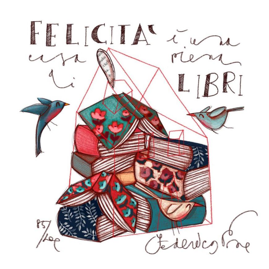 Grafica incorniciata di Federica Porro "Felicità è una casa piena di libri"