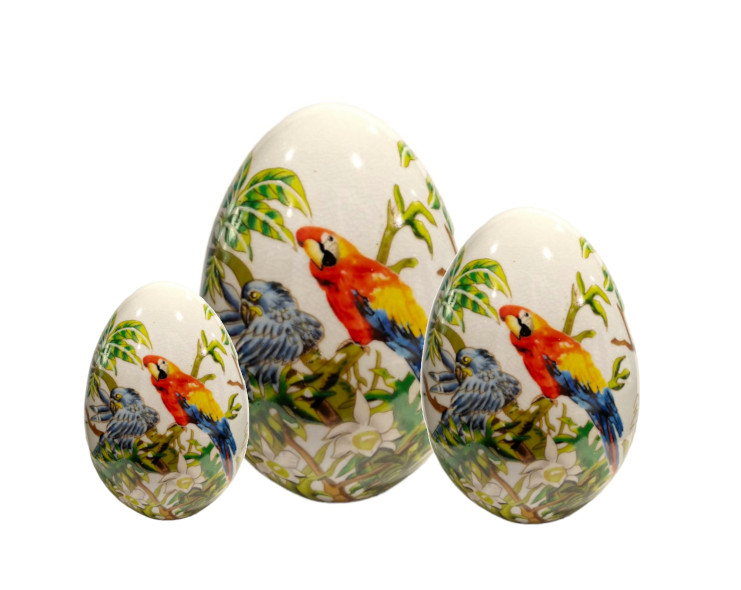 Uovo in ceramica con decoro "Pappagalli" Royal Family Sheffield (disponibile in tre dimensioni)