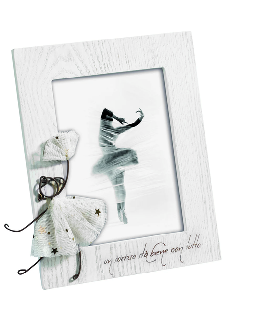 Portafoto in legno con decoro tulle "Un sorriso sta bene con tutto"