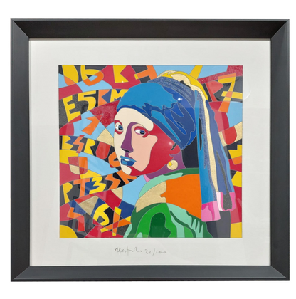 Grafica incorniciata di Ugo Nespolo: "Vedo Vermeer"