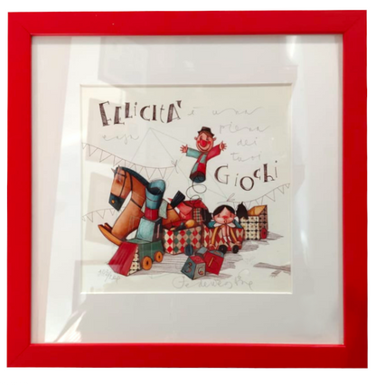 Grafica incorniciata di Federica Porro "Felicità è una casa piena dei tuoi giochi"