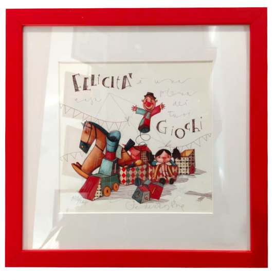 Grafica incorniciata di Federica Porro "Felicità è una casa piena dei tuoi giochi"