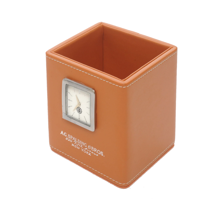 Bicchiere Portapenne in ecopelle con orologio 