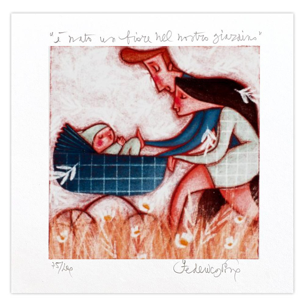 Grafica di Federica Porro "E' nato un fiore nel nostro giardino" maschietto