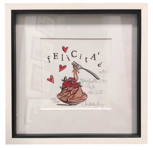 Grafica incorniciata di Federica Porro: "Felicità è uno spaghettino al dente"