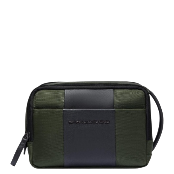 Beauty case monocomparto con 2 zip in tessuto riciclato e pelle  