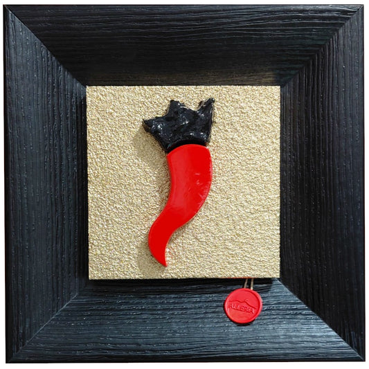 Quadro scultoreo in pietra con cornice in legno "Corno Portafortuna" Alleria