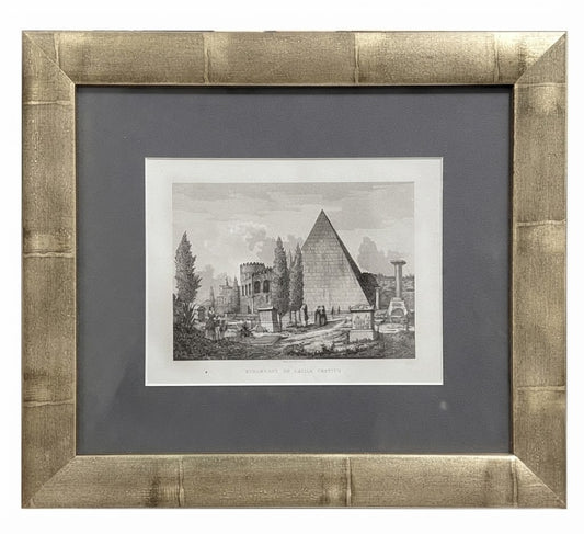 Incisione su rame "Piramide di Cajo Cestio" tratta da "Raccolta di 50 vedute di Roma e contorni disegnate dal vero ed incise dai più rinomati artisti di questa capitale"