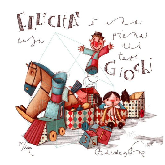 Grafica incorniciata di Federica Porro "Felicità è una casa piena dei tuoi giochi"