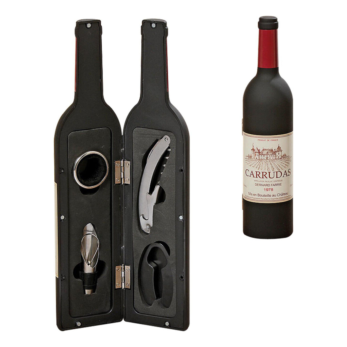 Set 4 pezzi per vino con cofanetto a forma di bottiglia