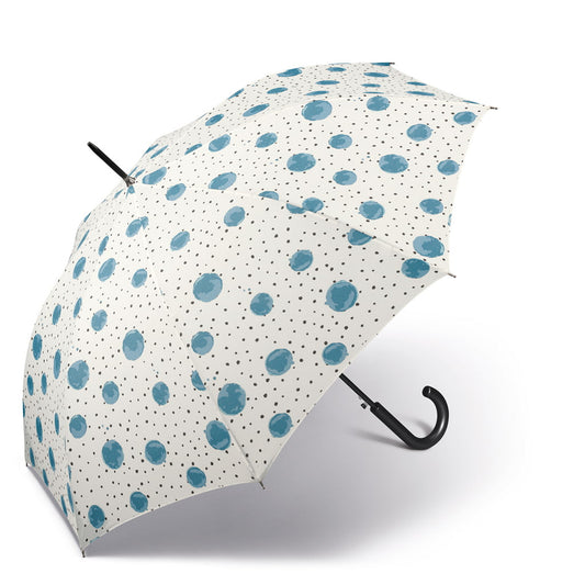 Ombrello lungo "Long Aqua Dots" Happy Rain bianco e celeste