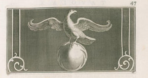 Incisione d'antiquariato "Antichità di Ercolano Esposte: pittura parietale con uccello ad ali spiegate su sfera"