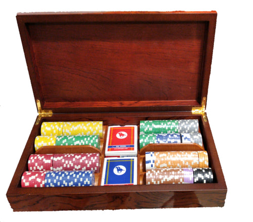 Kit da 305  fiches e due mazzi di carte in scatola in legno di pallissandro con intarsio