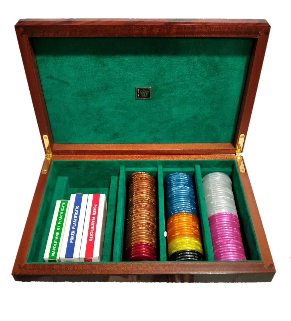 Kit da 115 fiches e tre mazzi di carte in scatola in legno di pallissandro con intarsio