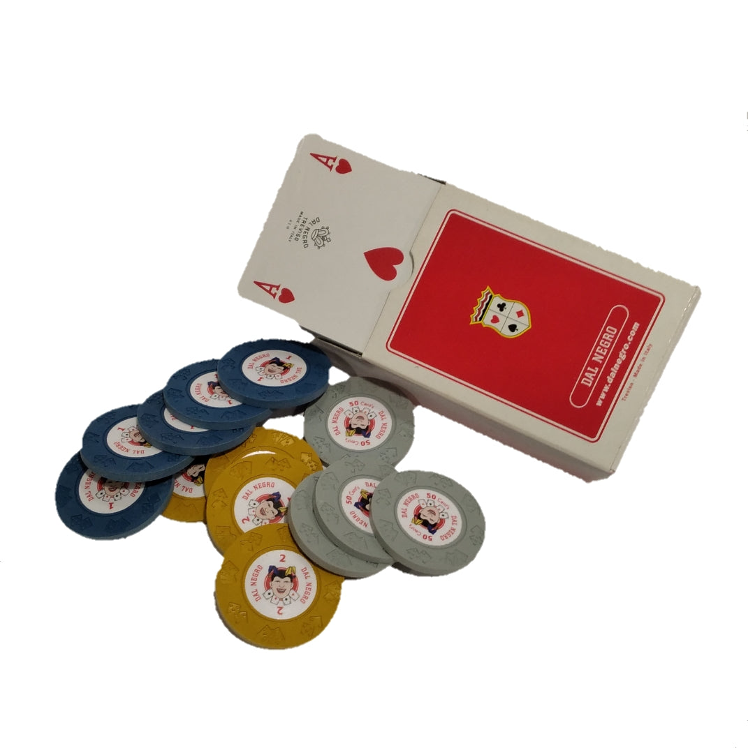 Kit da 150 fiches e due mazzi di carte in scatola in legno con intarsio