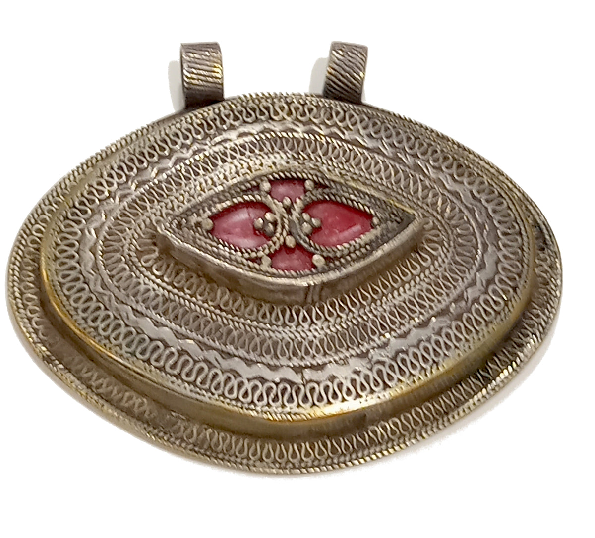 Pendente in argento a medaglione cesellato con corallo