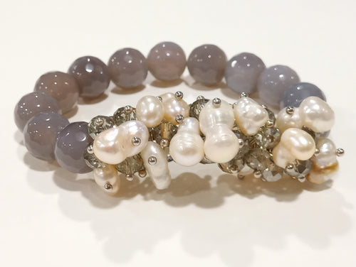 Bracciale in pietre dure naturali grigie e perle