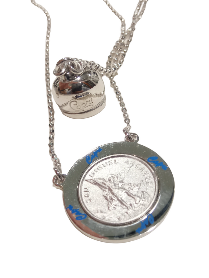 Collana in argento a doppio filo con campanella Capri e medaglia San Michele