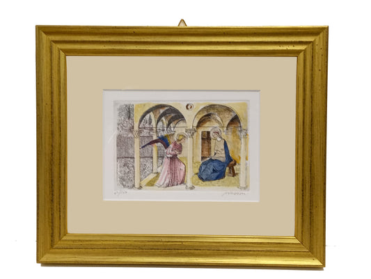 Incisione acquarellata di Andrea Ricceri "Annunciazione - tratta da un'opera del Beato Angelico"ù