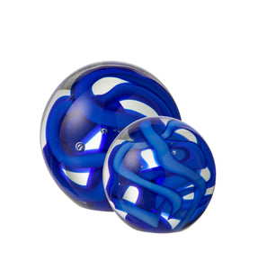 Fermacarte globulare in vetro con decorazione a nastri blu
