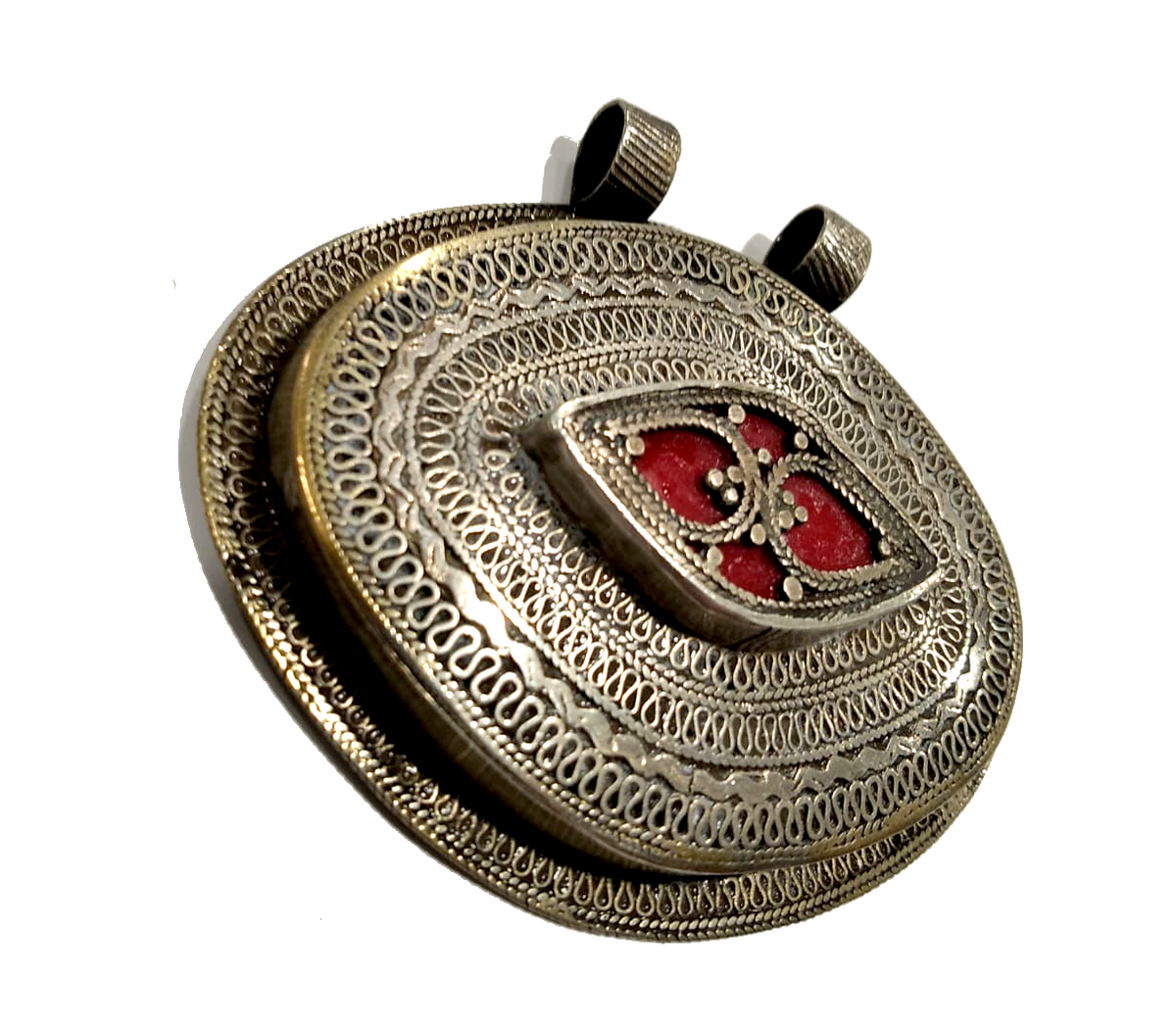 Pendente in argento a medaglione cesellato con corallo