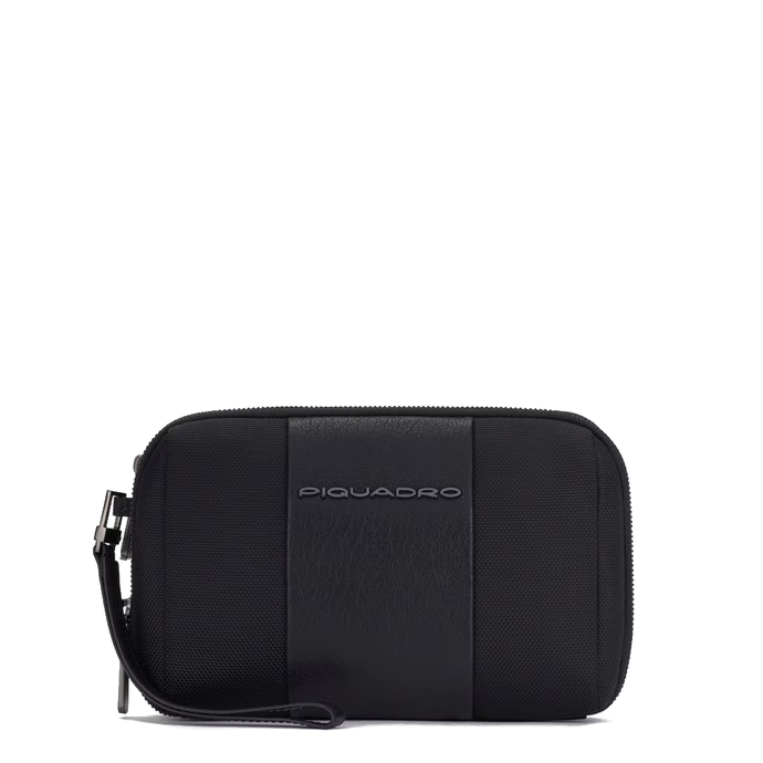 Pochette a due scomparti in tessuto e pelle 