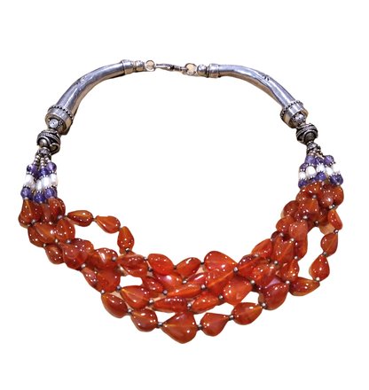 Collana girocollo in argento, corniola, perle e ametista