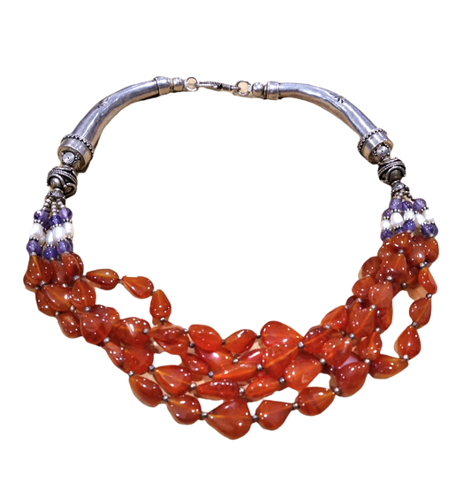 Collana girocollo in argento, corniola, perle e ametista