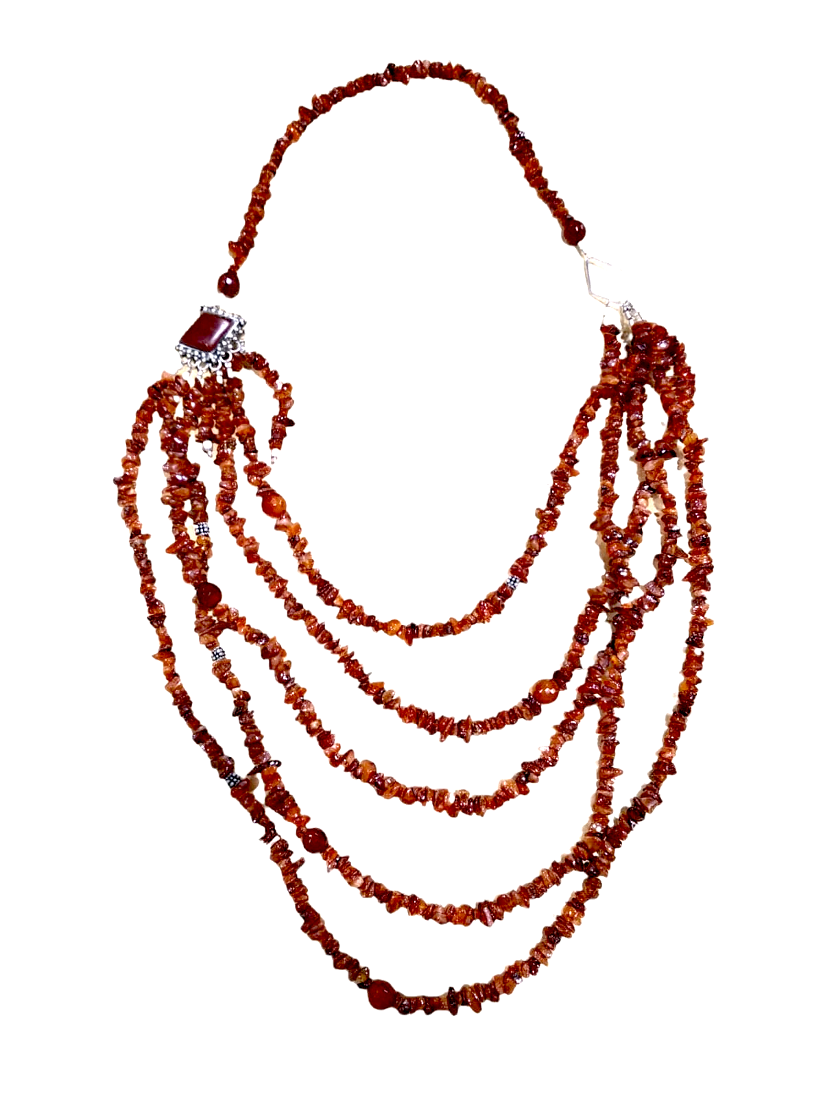 Collana lunga a cascata in corniona con broches in argento