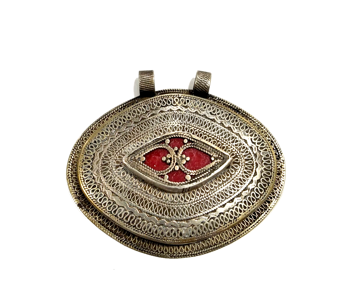 Pendente in argento a medaglione cesellato con corallo