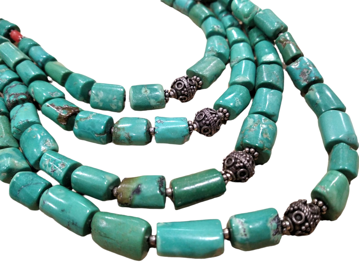 Collana a cascata in turchese e corallo con elementi in argento