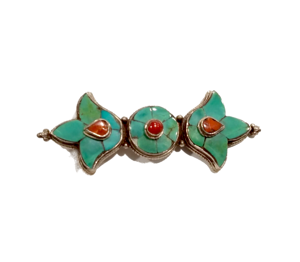 Spilla in argento con turchesi e coralli