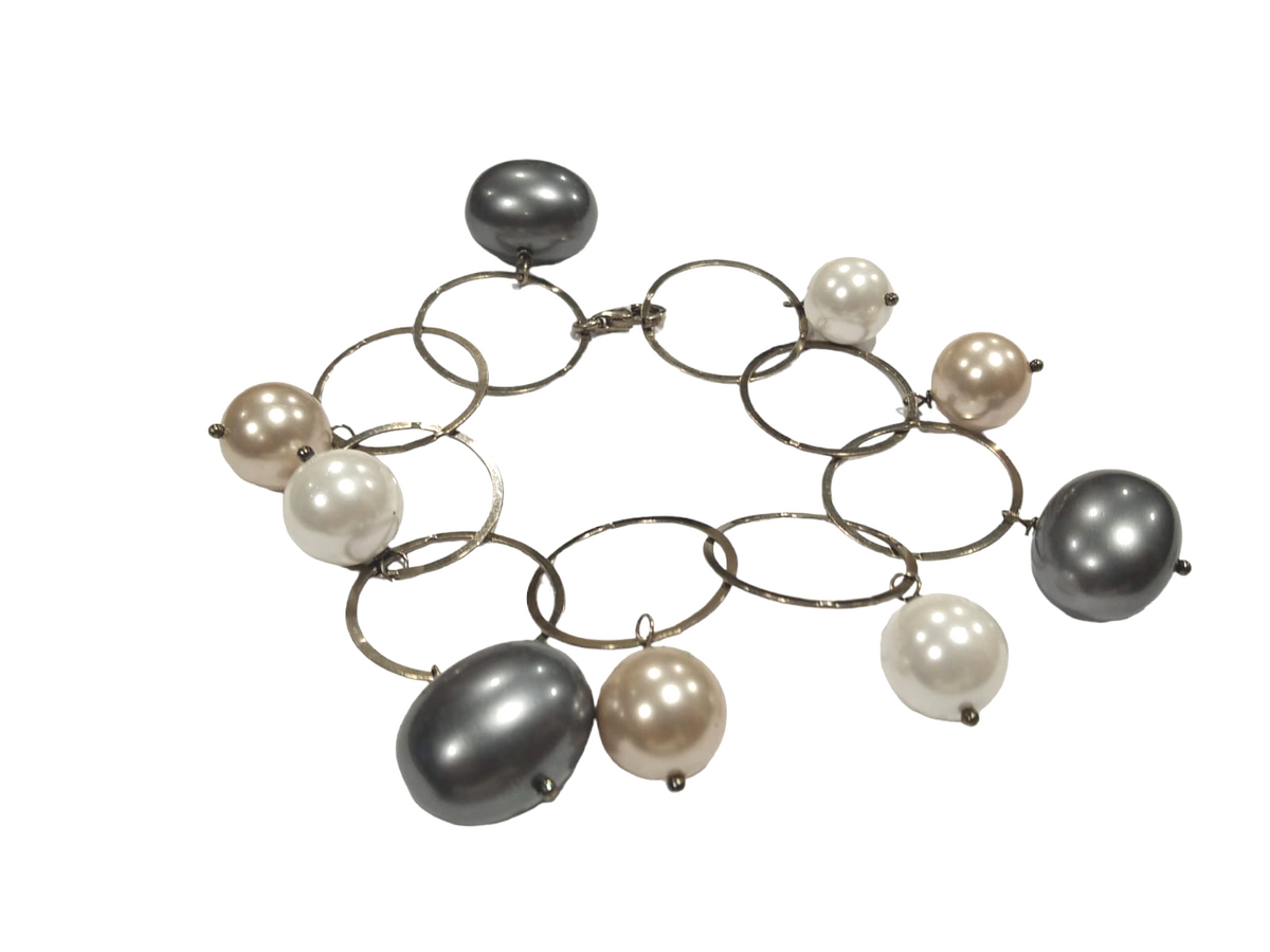 Bracciale in argento con maglia a cerchi e perle tricolore