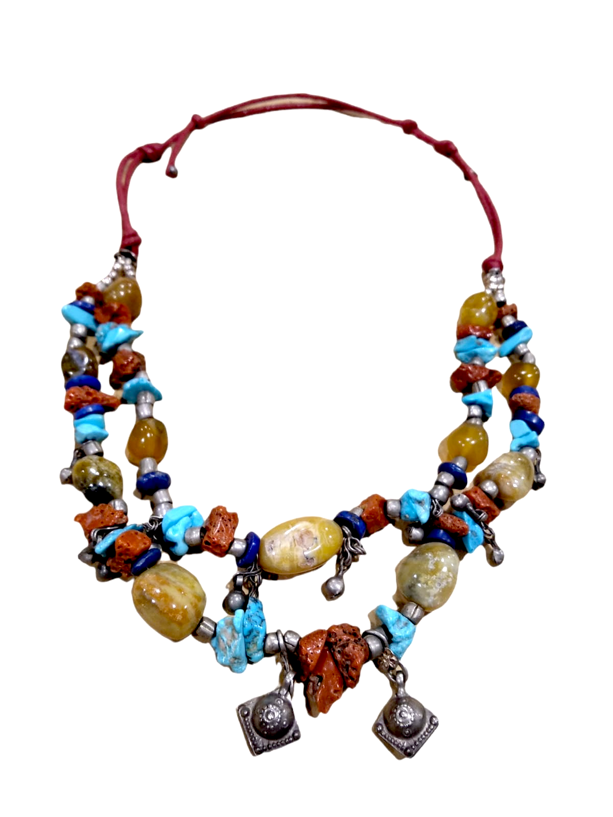 Collana lunga regolabile in lapislazzulo, giada, turchese, corallo e argento