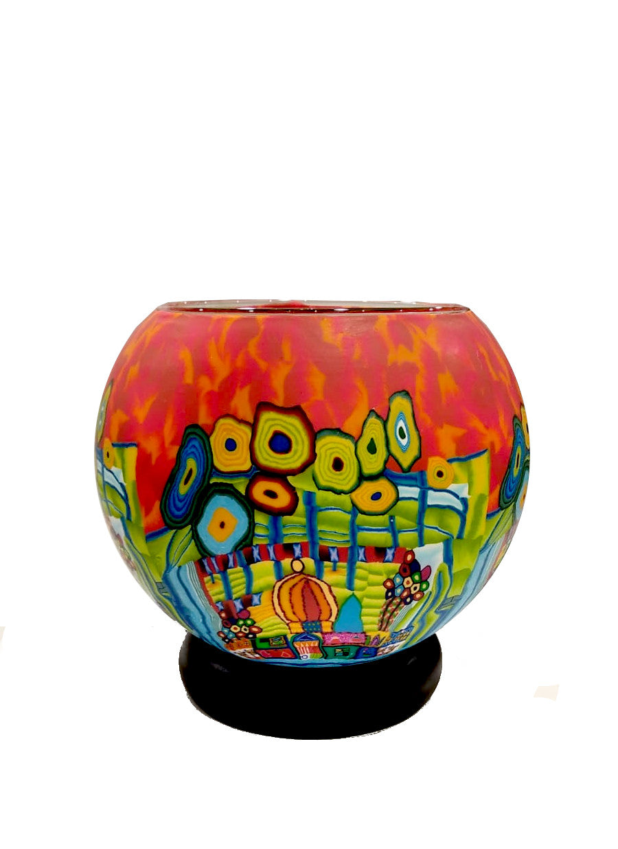 Lampada in vetro colorato con base in legno van gogh arancio
