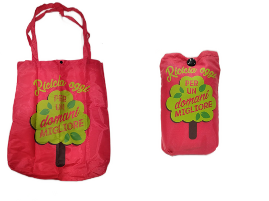 Borsa da shopping richiudibile in plastica riciclata con custodia ROSSA: Ricicla oggi per un domani migliore