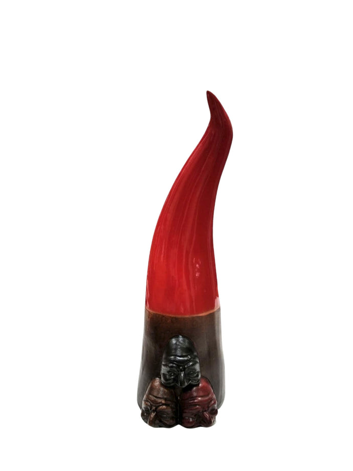 Corno artigianale in terracotta smaltata rossa  con maschere di Pulcinella da 24 cm Pupazzaria