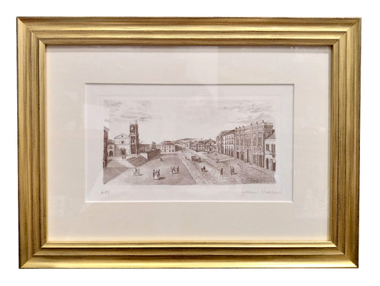 Incisione incorniciata di Andrea Riccieri "Avellino XIX - Prefettura e Tribunale"