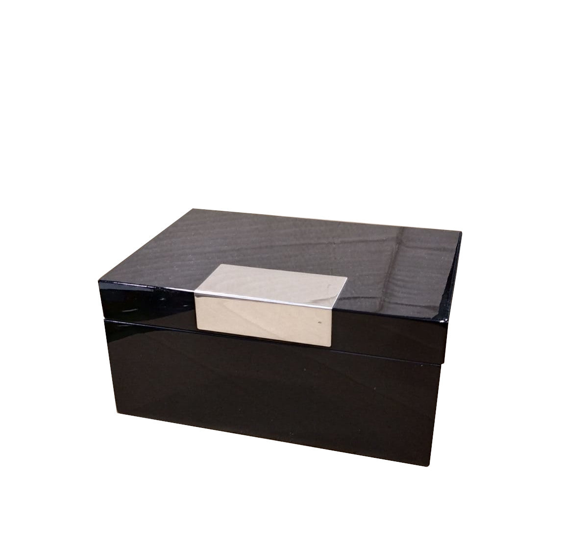 Scatola portagioie in legno nero laccato con inserto in metallo specchiato