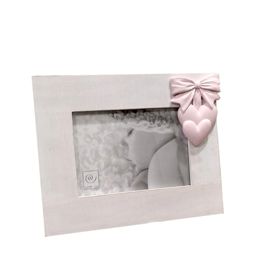 Portafoto in legno shabby con fiocco rosa e cuori in gesso "Pink Ribbon"