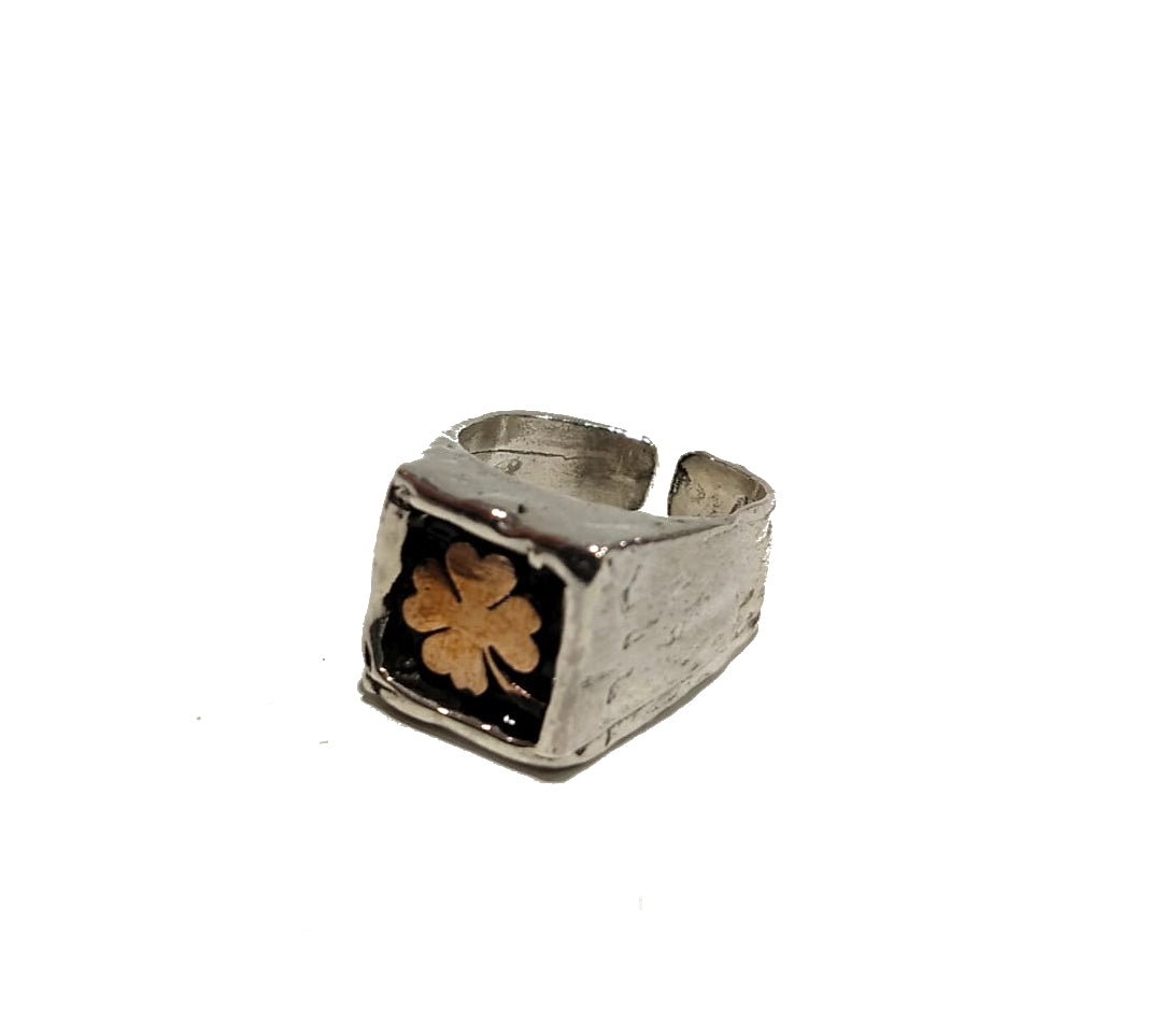 Anello sigillo da mignolo in argento "Quadrifoglio"