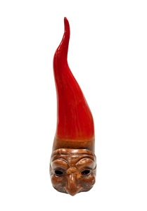 Corno artigianale in terracotta smaltata con maschera Pulcinella da 24 cm