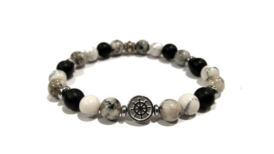 Bracciale in pietre naturali e acciaio con inserto decorativo rotante Timone/Ancora "D.3"